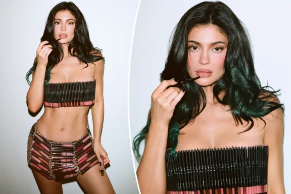 Kylie Jenner poses in racy look made entirely out of lip kits to mark beauty brand’s 10th anniversary