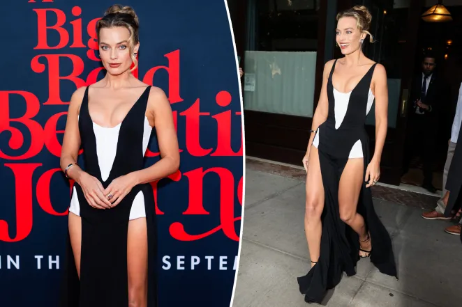 Margot Robbie shows off legs for days in plunging thigh-high slit gown